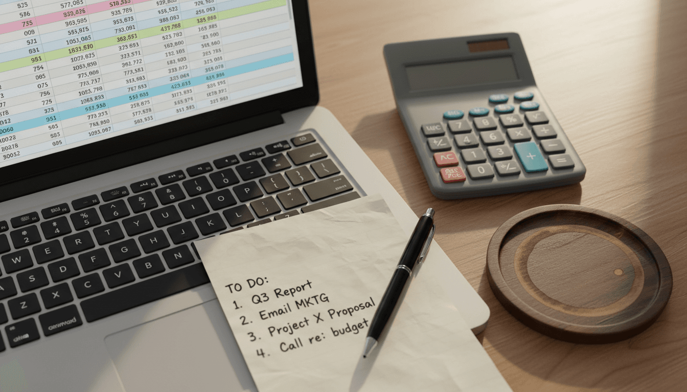 Overhead view of a laptop, calculator, and handwritten notes on a desk