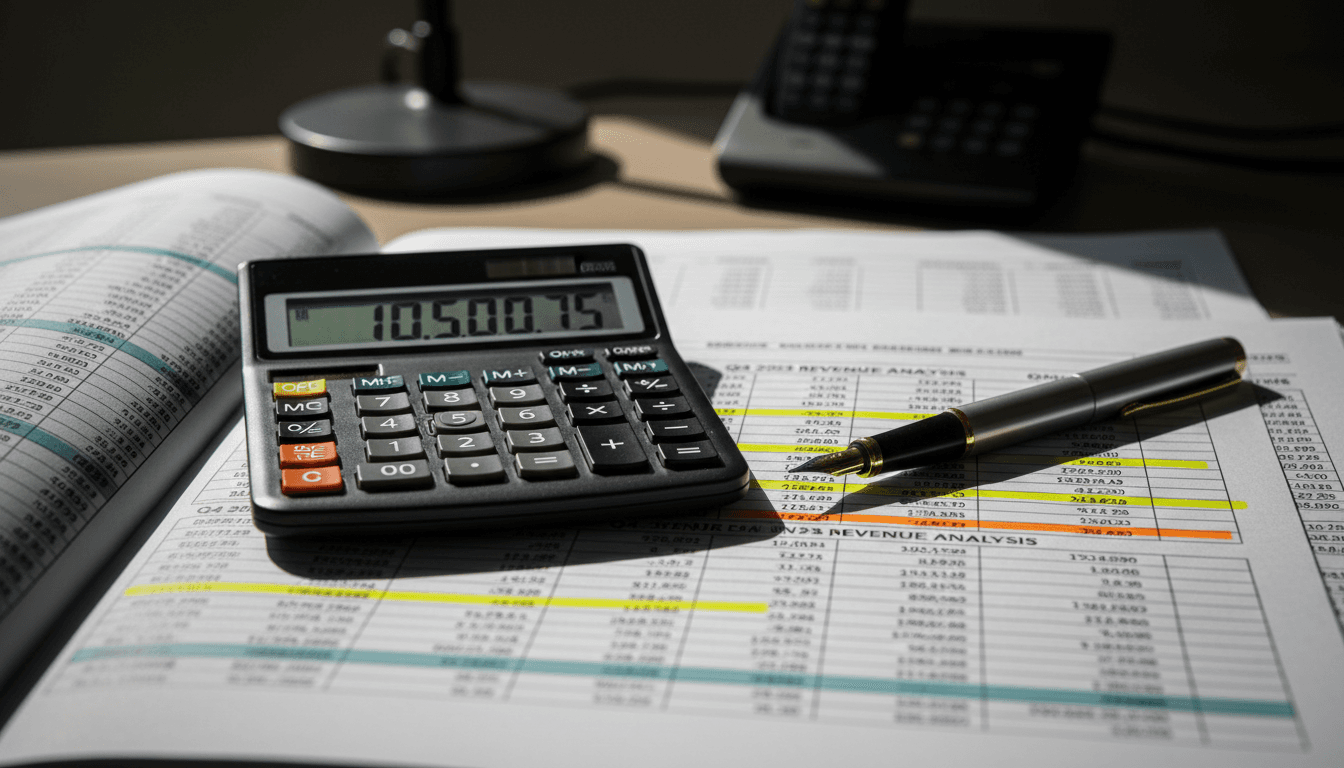 Close-up of a calculator on a highlighted financial report with a pen