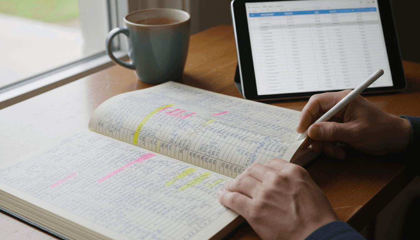 Hands reviewing a printed ledger with a tablet on a desk