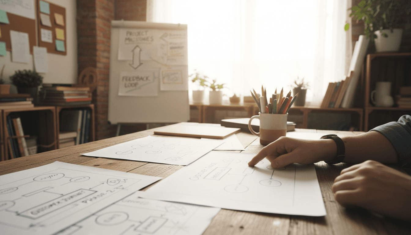 Person pointing at a paper flowchart on a desk with a whiteboard in background
