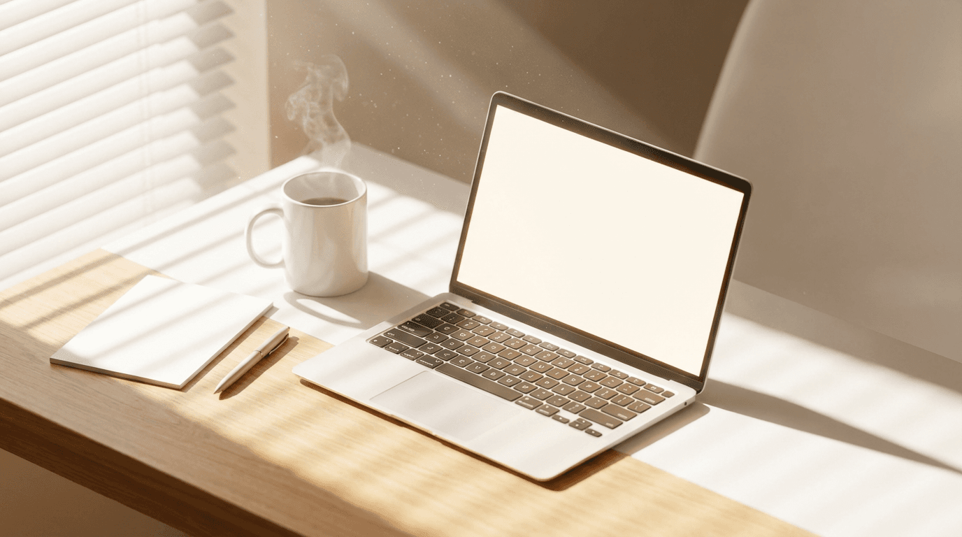 Laptop on table showing video call interface with notepad