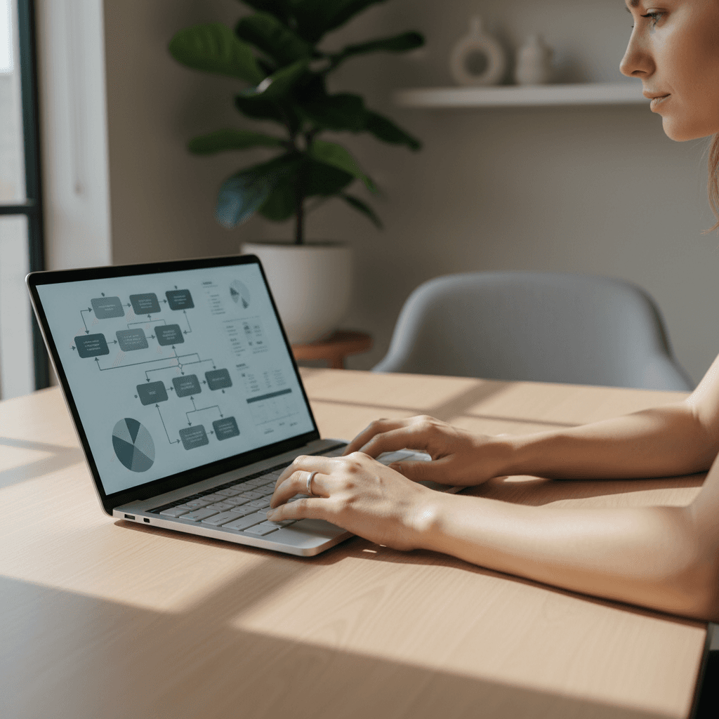 Small business owner reviewing financial documents on a laptop in a home office