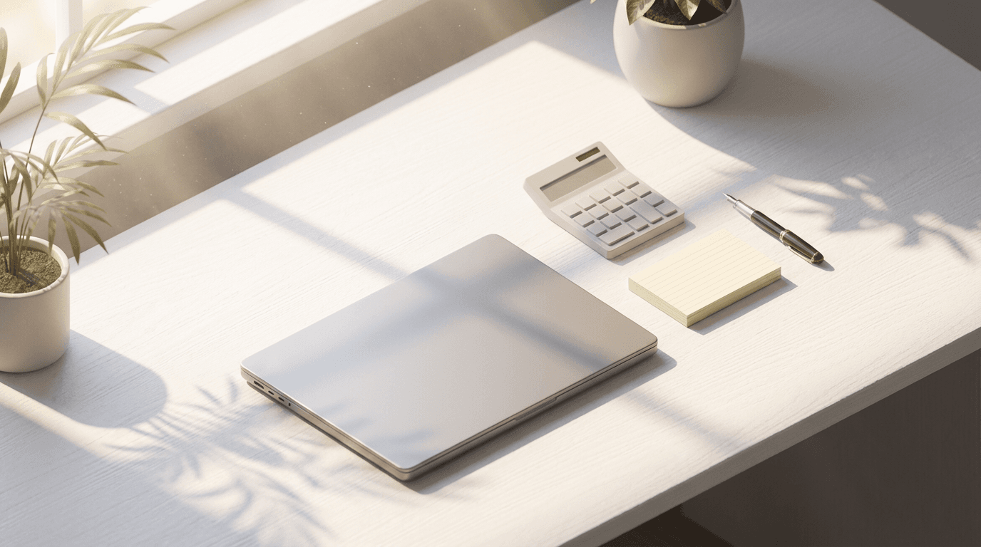 Organized desk with whiteboard flowchart and laptop