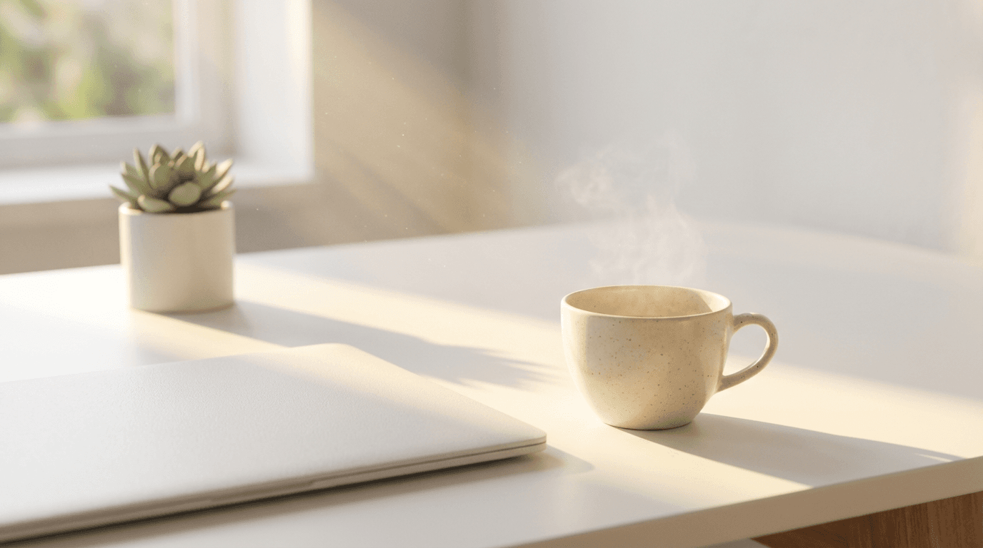 Desk with laptop, coffee mug, and notebook in a clean, well-lit home office