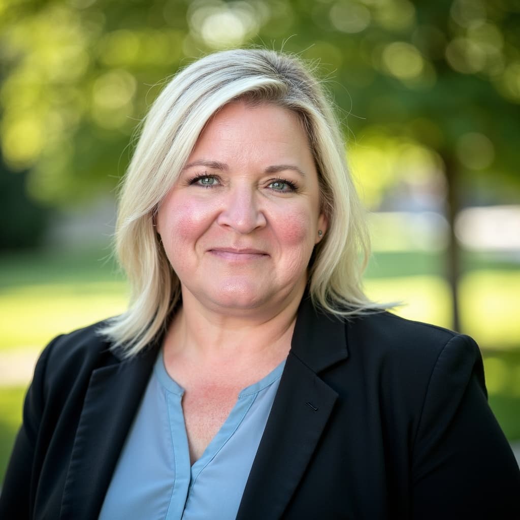 Smiling blonde woman wearing a black blazer and blue shirt against a blurred background.